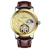 WhatsWatch Waterproof Men's Automatic Watches Brown Leather Strap with Skeleton Yellow Gold Face Moon Phase -311