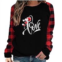 Women Funny Love Letter Print T-Shirt Valentine's Day Shirts Cute Love Heart Graphic Fashion Plaid Long Sleeve Tops