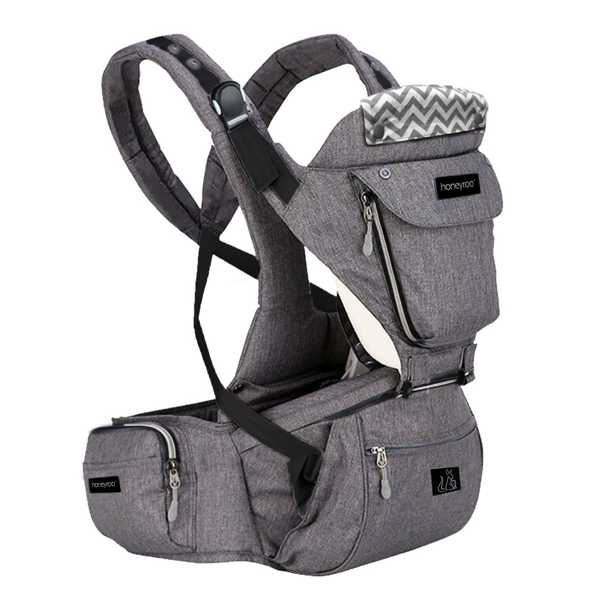 honeyroo Baby Carrier, Joey Classic, Ergonomic 3D Hip Seat, New Magnetic Self Buckling Clips, Light Weight and Breathable - 6 in 1 Position Design, 3-36 Months, Front and Back Carry, Platinum Gray