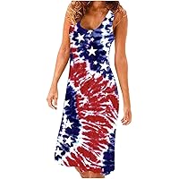 Summer Dresses for Women 2024 Plus Size with Sleeves,Women's Casual 4th of July Flag Sleeveless Tank Knee Lengt