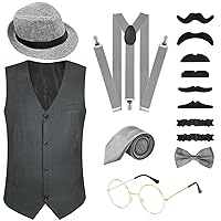 PLULON 1920s Mens Costume Gatsby Gangster Vest Roaring 20s Men's Accessories Set