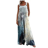 Rompers For Women Casual Jumpsuits Vintage Linen Boho Printed Wide Leg Summer Romper Sleeveless Overalls Loose Pant
