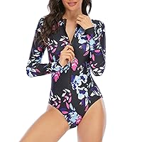 Zando Long Sleeve Swimsuit Women UPF 50+ One Piece for Womens Zip Floral Athletic Swim Wear Bathing Suit