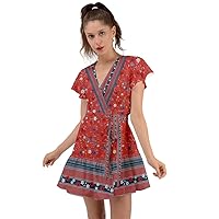 CowCow Womens Feathers Aztec Print Floral Flowers Summer Sexy Flutter Sleeve Wrap Dress, XS-3XL