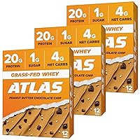 Atlas Protein Bar, 20g Protein, 1g Sugar, Clean Ingredients, Gluten Free (Peanut Butter Chocolate Chip, 12 Count (Pack of 3))