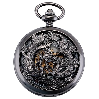 ManChDa Antique Mechanical Pocket Watches for Men Lucky Dragon Phoenix Pocket Watch with Chain Black Skeleton Dial Roman Numberals Gifts for Fathers Day