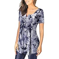 Shirts For Women, Women's Short Sleeve Tunic Loose Tops Casual Plus Size Tops Pleated Tunic Button Casual Summer Floral