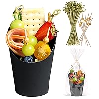 60 Sets Disposable Charcuterie Cups with Sticks and Bags, 14 oz Black Kraft Paper Snack Boxes Appetizers Cup French Fry Holder with Cocktail Skewers Toothpicks Tooth Picks(60 Cups+60 Bags+200 Sticks)