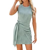 Women 2024 Summer Dresses Casual Short Sleeve Knit Ruched Mini Dress Sleeveless Bodycon Club Tank Dress Beach Sundress