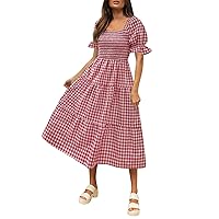 Deals of The Day Clearance Prime, Plaid Dresses for Women, Maxi 2024 Casual, Bohemian Dress Square Neck Puff Sleeve Print Smocked Ruffle Beach Long Flowy (M, Red)