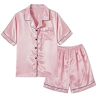 Vopmocld Big Kids Unisex Pjs Set Girls Boys Silk Pajama Sets Satin Clasic Sleepwear Summer 2 Pieces Button Down Nighty