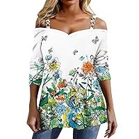 Womens Long Sleeve Top Chain Sling Cold Shoulder Pullover Sweetheart Neckline Printed Blouses Fashion Vintage Top