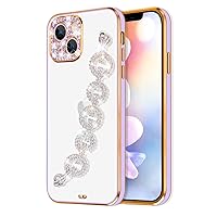 Bonitec Compatible with iPhone 14 Pro Case Bracelet Purple Protective Case for Women Girly 3D Glitter Sparkle Bling Strap Luxury Shiny Crystal Rhinestone Diamond Silver Chain Transparent Clear Cover