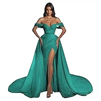 Off Shoulder Prom Dresses for Women Long Sequin Mermaid Sweetheart Pleated High Split Formal Evening Party Gowns 2023