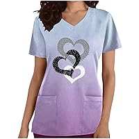 Heart Print Scrub-Tops Casual V Neck Work Uniform Short Sleeve Loose Fit Nurse Working Scrub-Shirts with Pockets