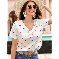 Women's T-Shirt Heart Print Neck Tee T-Shirt for Women (Color : White, Size : X-Small)