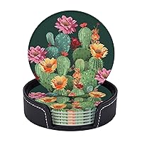Coasters for Drinks 6 Pcs Round Leather Coasters Cactus Floral Bloom Drink Coasters with Holder Waterproof Coaster Sets Heat Resistant Cup Pads Mug Cup Mats for Kitchen Bar Living Room Home Decor