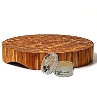 Set of Cutting Board and Beeswax - Includes a Round End Grain Butcher Block Made of Teak Wood [18