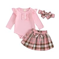 Kuriozud Newborn Baby Gir Fall Winter Outfit Long Sleeve Ruffe Romper Palid Bow Skirt Set Headband 3pcs Clothes for Toddler