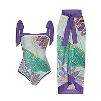 One Piece Bathing Suit for Women with Maxi Wrap Cover Up Skirt 2 Piece Floral Tankini Swimsuit Tummy Control Bikini Set
