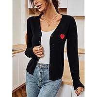 Women's Cardigans Heart Embroidered Ribbed Knit Cardigan (Color : Black, Size : X-Small)