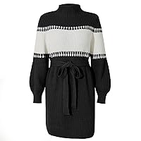 Womens Turtleneck Long Sleeve Color Block Casual Loose Oversized Sweater Winter Ribbed Knit Pullover Dresses Tops