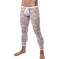 Men's Sissy Floral Lace Sheer Mesh Long Pants Muscle Stretchy Bulge Pouch Slim Leggings Tights Trousers