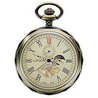 Mechanical Pocket Watches Roman Numerals Open Face with Chain Men 24-Hour Moon Sun + Box