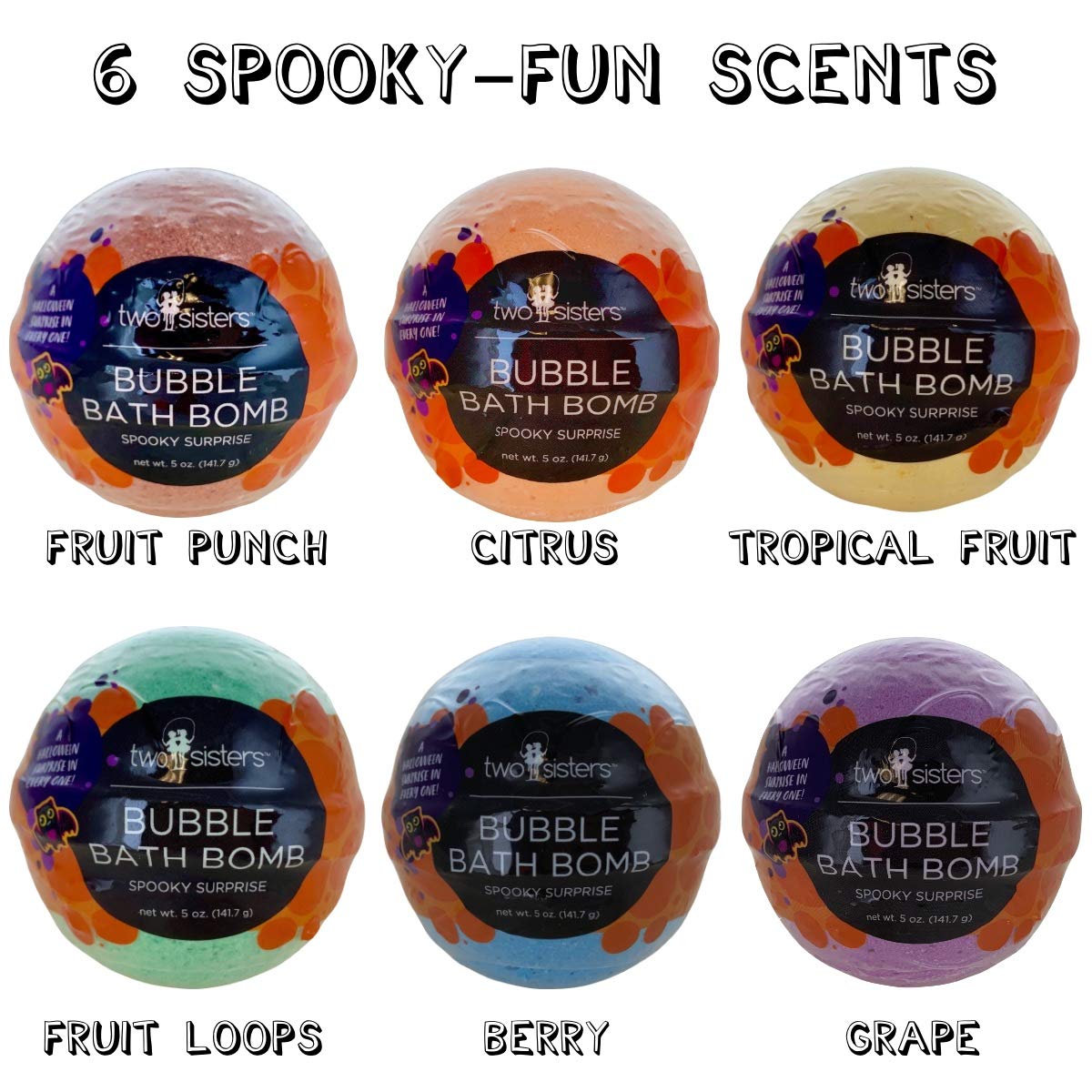 Spooky Bath Bombs for Kids with Surprise Inside, Bubble Bath Bomb with Halloween Toys, Fruity Scents, Relaxing Aromas, USA Made, Ideal Birthday Gift for Girls & Boys - 6 Pack by Two Sisters