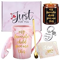 LOZACHE Mothers Day Mom Gifts Set for Women, My Favorite Child Give Me This Coffee Mug, Scented Candle, Keychain and Greeting Card, Mothers Day Birthday Gifts from Daughter Son Kids