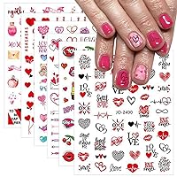 6 Sheets Valentine's Day Nail Art Stickers 3D Self-Adhesive Heart Nail Decals Heart Love Lock Red Lips Nail Design Sticker Valentines Nail Supplies for Women Girls DIY Manicure Decorations Accessories