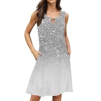 Summer Dress Plus Size, Sleeveless Dress 2024 Crewneck Ruffle Print Hollow Out Tank Beach Sundresses Maxi Casual (M, Silver)