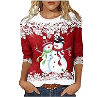 Plus Size Tshirt for Womens Cute Snowman Snowflake Print Loose Pullover Top Christmas Holiday Blouse 3/4 Sleeve Shirts