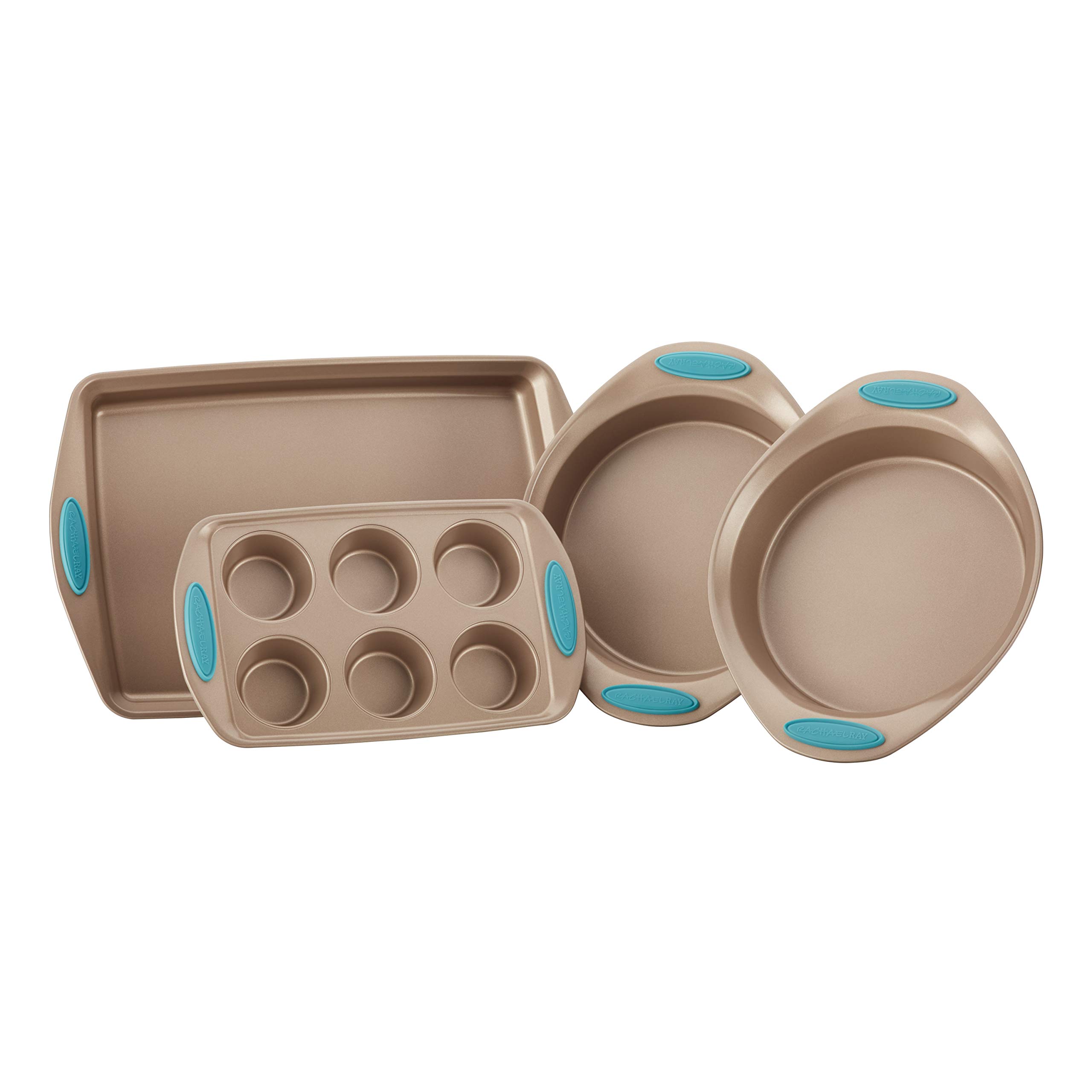 Rachael Ray Cucina Bakeware Set Includes Nonstick Cake Cookie Baking Sheet and Muffin Cupcake Pan, 4 Piece, Latte Brown with Agave Blue Grips