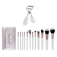 Bling Rhinestone Eyelash Curlers Stainless Steel & Make Up Brushes Beauty Tool Glitter with Pouch Bag 12PCS(White)