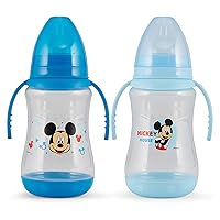 Disney 2 Pack 10 Ounce Baby Bottles with Character Prints and Colored Covers with Double Handle - BPA Free and Easy to Clean