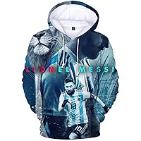 Men 3D Digital Pull Over Hoodie Tops-Lionel Messi Hood Sweatshirt with Drawstring for Football Fans