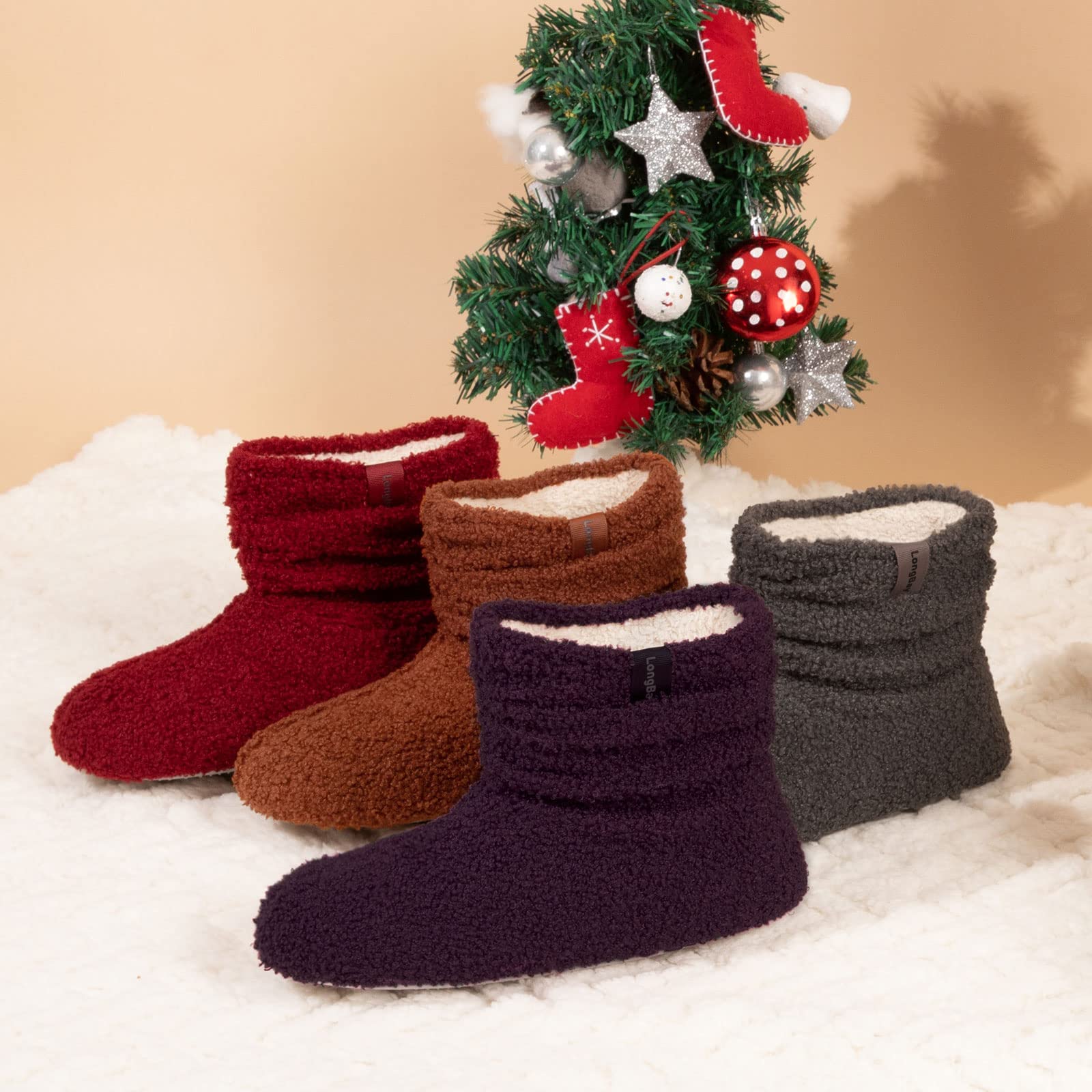 LongBay Women’s Warm Curly Fur Bootie Slippers Comfy Plush Fleece Boots Memory Foam House Shoes