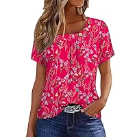 Summer Clothes,2024 Trendy Square Neck Buttons Short Sleeve Womens T Shirts Summer Tops for Women Print Casual Loose Tops