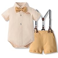 Formal Gentleman Baby Boy Suspender Shorts Outfit Short Sleeve Button Down Bowtie Shirt Romper And Shorts Set