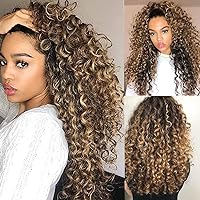 18 Inch Ombre Highlight Blonde Brown Lace Front Wigs Human Hair 13x6 Transparent Lace Front Wigs Deep Curly Wig for Black Women Glueless 150% Density Brazilian Hair Pre Plucked with Baby Hair