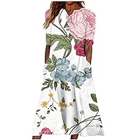 Dresses for Women 2024 Summer Short Sleeves Buttons Sundresses Loose Floral Print Maxi Dress Casual Beach Dress with