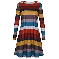 Andongnywell Women's Long Sleeve Striped Tunic Tops for Leggings Checkered Plaid Swing T-Shirt Dress Scoop Neck Dress