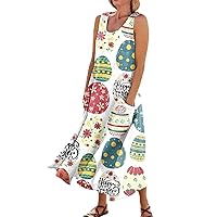 Easter Dress for Women 2024 Bunny Print Casual Loose Fit Spaghetti Strap with U Neck Sleeveless Flowy Dresses