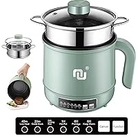 Smart Mini Hot Pot with Timer and Automatic Shut Off 1.2L Non-Stick Rapid Noodle Cooker w Stainless Steel Steamer Basket 600W Quick Cook 5 Cooking Modes for Soup, Rice (1cup) , Porridge, Pasta Great for 1-2 Persons (Green)