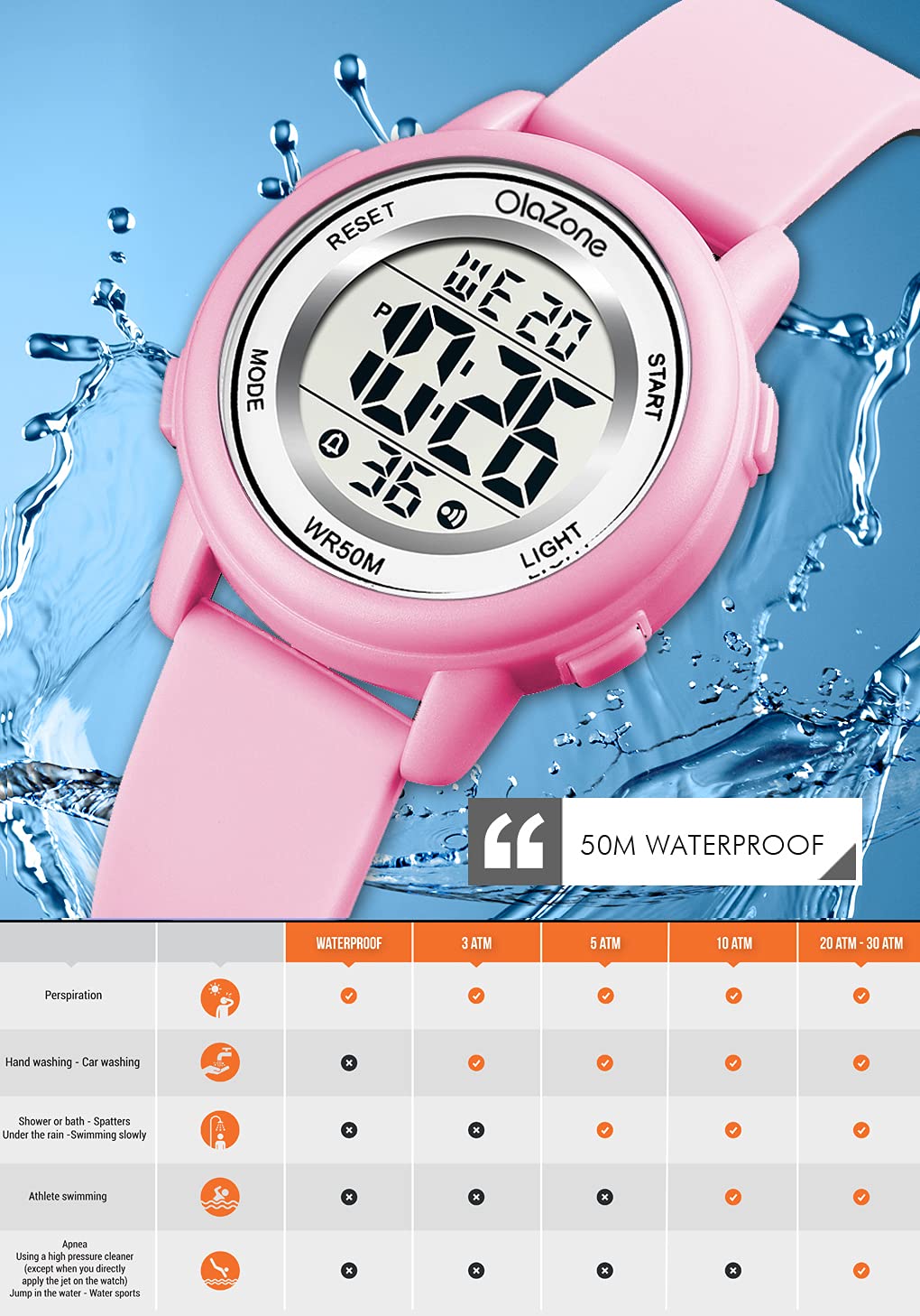 OLAZONE Girls Digital Watch Kids 7-Color Flashing Light Water Resistant 164FT Alarm for Age 5-12 Pink