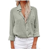 Linen Shirts for Women Button Down Shirts Gauze Cotton Dress Shirt Long Sleeve Oversized Solid Tunic Tops with Pockets
