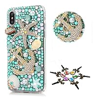 STENES Bling Case Compatible with iPhone 14 Pro Max Case - Stylish - 3D Handmade [Sparkle Series] Bling Starfish Anchor Shell Design Crystal Rhinestone Glitter Cover Case - Blue