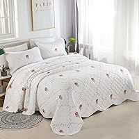 vctops 3-Piece Elegant Flower and Leaf Embroidered Bedspread Coverlet Set Oversize Queen 100% Cotton Reversible Patchwork 1 Quilt and 2 Pillow Shams, Rose