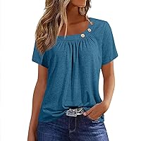 Womens Summer Tops Casual Short Sleeve Button Down Pleated Shirts Dressy Blouses Trendy Tunic Basic Tees